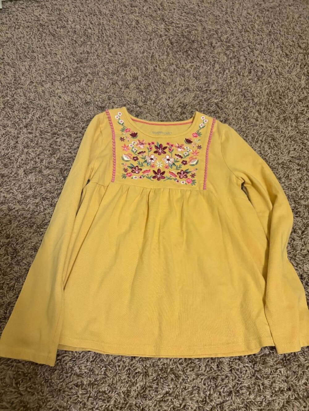 Shabby Chic Yellow Cotton Top Medium 7/8 Long Sleeve Floral Embroidery Cotton